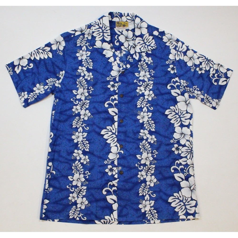 Vintage Winnie Fashion Shirt Mens Medium Blue Hawaiian Aloha Made in Hawaii‎ Y2K